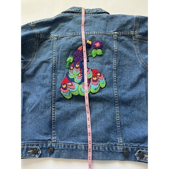 Vintage Vtg Y2K Embroidered Floral Boho Hippie Denim Jean Coat Jacket Large - Picture 7 of 7